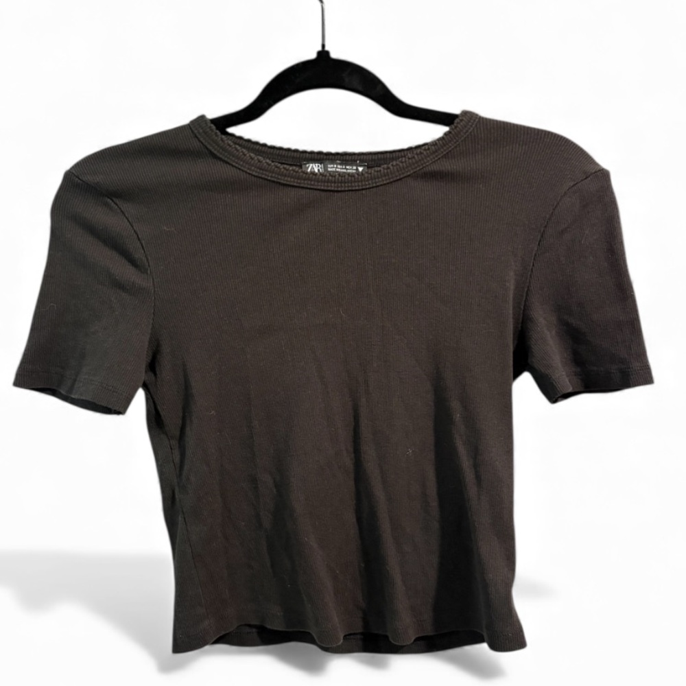 Zara Ribbed Short Sleeve Crop Top Dark Brown Small Lettuce Trim Neckline